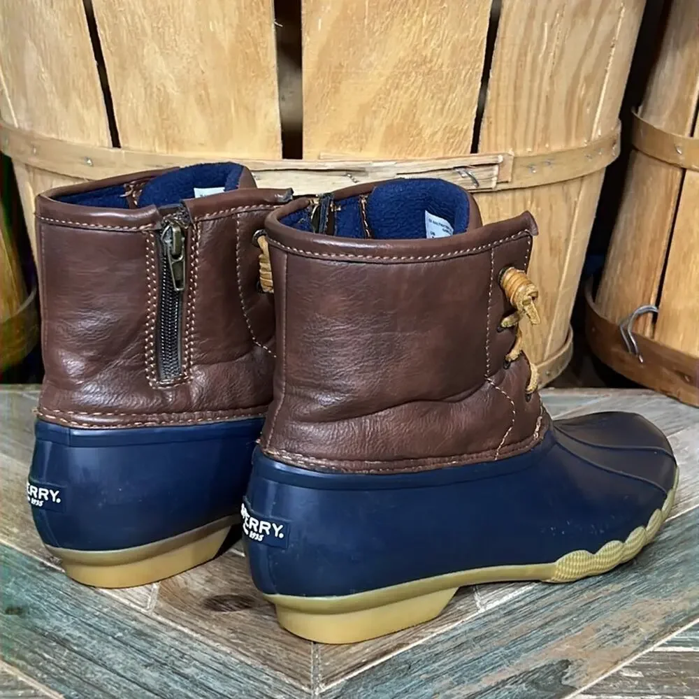 Sperry Saltwater Navy Brown Leather Rubber Waterproof Duck Boots Girls Size 5